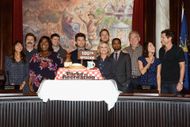 Nick Offerman and Amy Poehler at the NBC "Parks And Recreation" 100th Episode Celebration with fellow cast members. (Image via Getty)